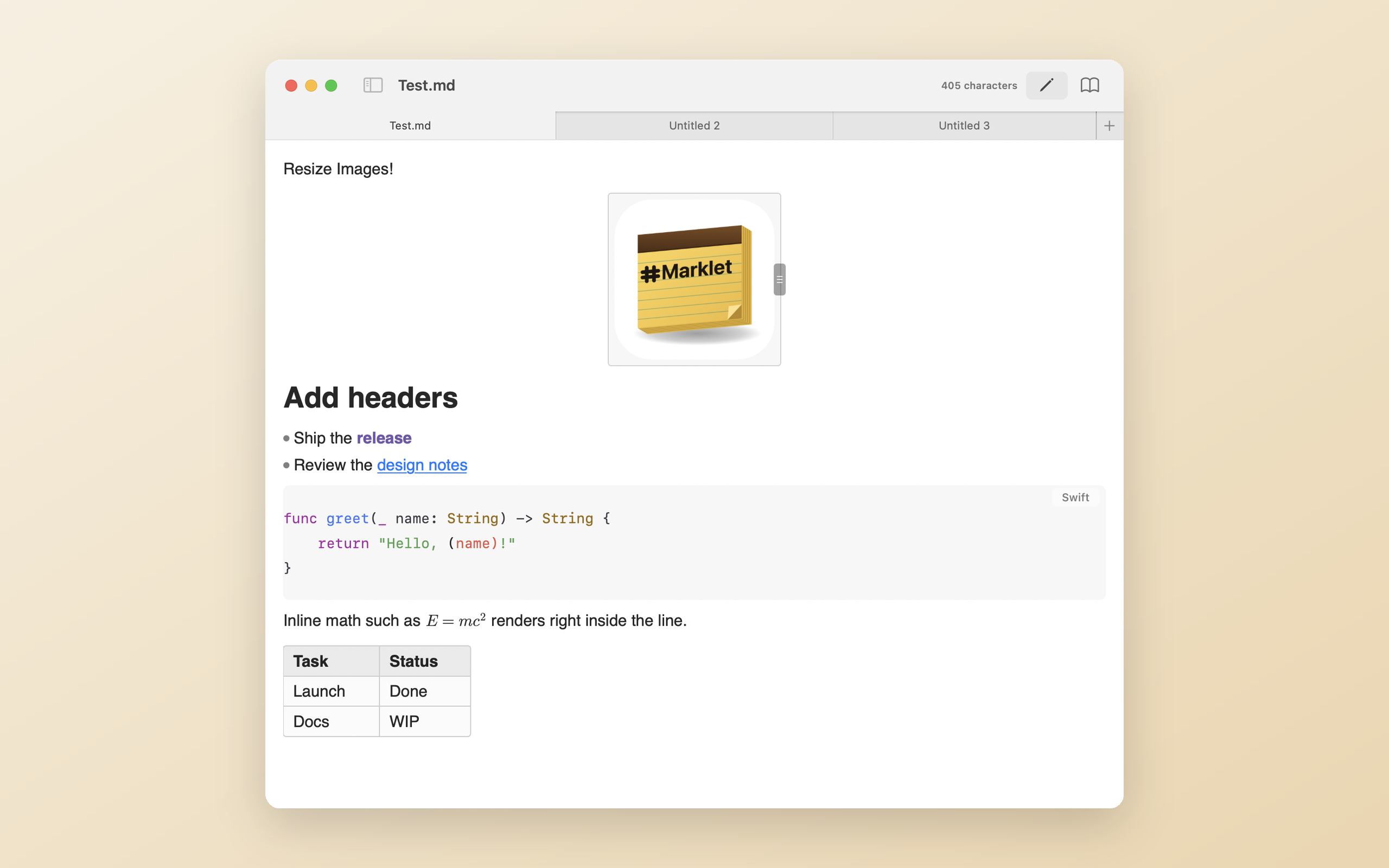 Marklet editing a Markdown document with live headings, code highlighting, inline math, an image, and a table.